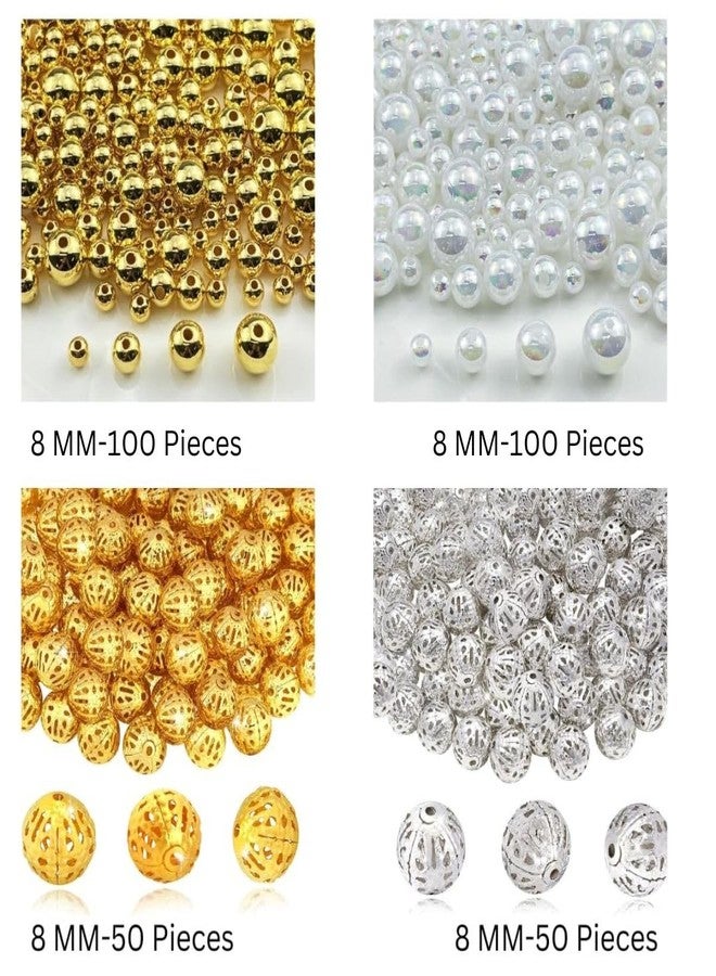 Dhruv Crafts Gold Round Filigree Beads, Metal Loose Spacer Beads, Ivory Pearl Craft Beads, Smooth Round Gold Spacer Loose Ball Beads For DIY Crafts, Jewelry Making, Bracelets, Necklaces, Earrings, Decoration |Color-Silver & Gold| |Size-8MM| |Pieces-300| - Image 2